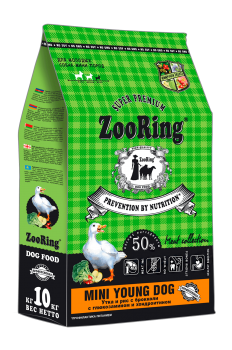Корм ZooRing Mini Young Dog для молодых собак мини пород (Утка и рис с брокколи с глюкозамином и хондроитином)